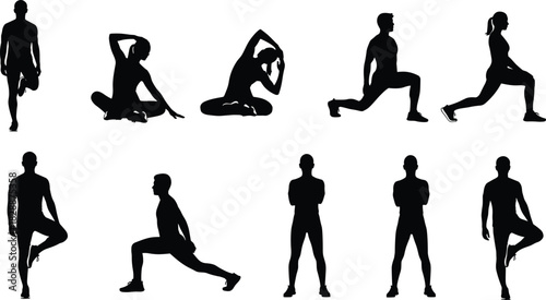 Set of black fitness silhouettes, men and women stretching, warm up exercises, sport vector illustration for gym workout, isolated on white background.