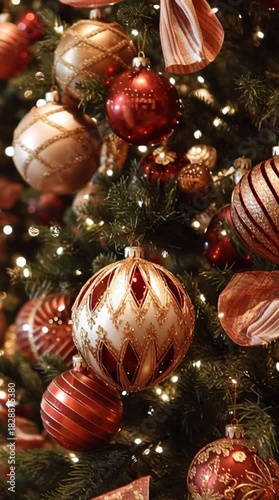 Decorated christmas tree with ornaments and lights holiday background