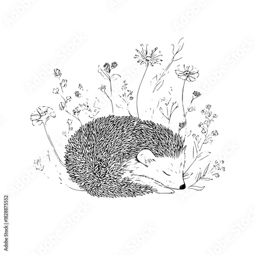 Cute sleeping hedgehog curled up among delicate wildflowers