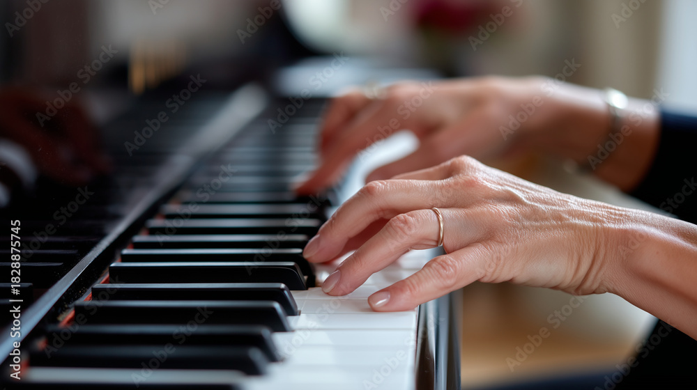 Fototapeta premium Close-up of someone stretching their fingers before playing piano, symbolizing learning, focus, and incremental improvement, 