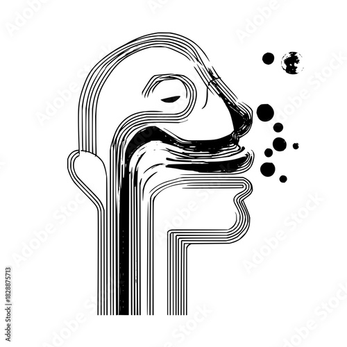 Abstract line art profile of a head sneezing or coughing