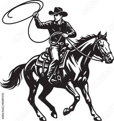 Cowboy on horseback swinging a lasso in a dynamic action pose
