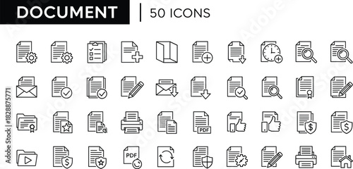 Document File Outline Icons Set, Office Paper, Data, Protection, Tools, and Edit Symbols