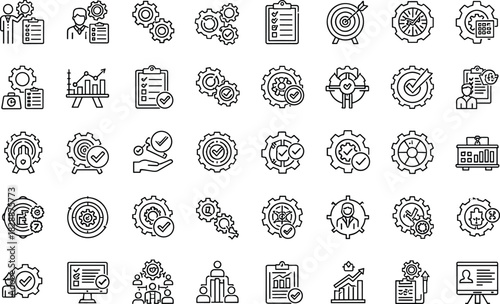Business Process Management Outline Icons Set, Workflow, Efficiency, Optimization, Gear, and Productivity Symbols