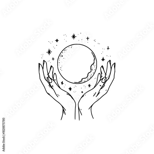 Mystical hands holding a crescent moon with stars