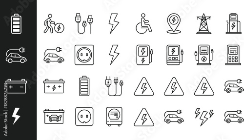 Electric Vehicle and Charging Line Icons Set, EV, Battery, Power, Energy, and Sustainable Transportation Symbols