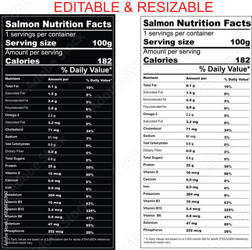 Salmon label isolated on white background with daily values, nutrition calculator, nutritional panel, Supplement Facts