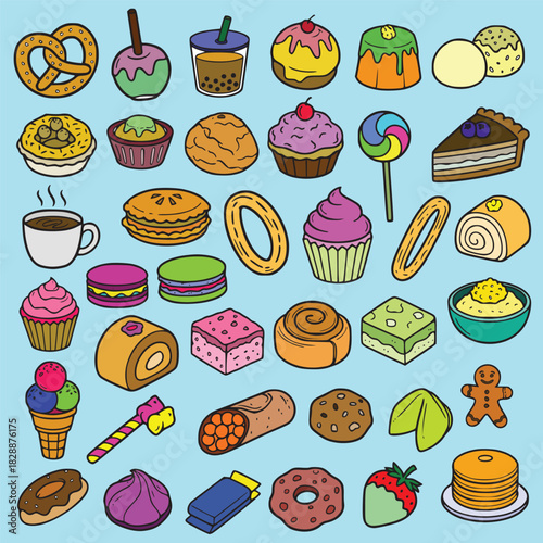 A vibrant, cartoon-style illustration featuring a large variety of colorful dessert and sweet food icons on a light blue background. The collection includes popular items such as donuts, cupcakes, mac