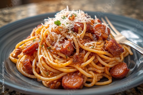 Plate of Filipino Spaghetti topped with sausage, tomato sauce, and cheese. Concept of rich flavors, comfort food, pasta meat sauce Filipino style, and warm kitchen ambiance.