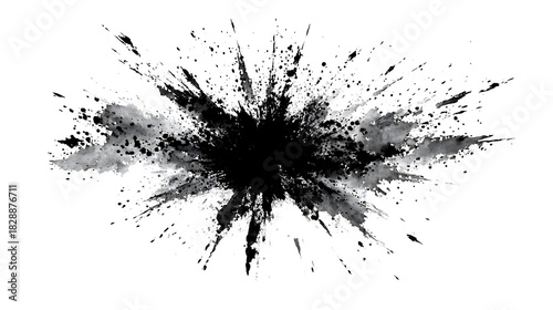Black ink explosion splatter, isolated on a white background