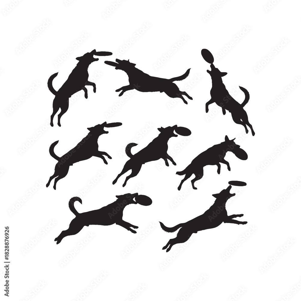 Naklejka premium Frisbee Dog Jump Silhouette Vector Set