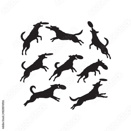 Frisbee Dog Jump Silhouette Vector Set