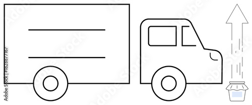 Delivery truck transporting goods with a focus on fast service, illustrated by an upward arrow and package. Ideal for logistics, shipping, supply chain, e-commerce, innovation, delivery, growth