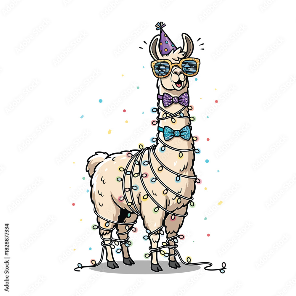 Fototapeta premium Funny cartoon llama wearing party hat, sunglasses, and tangled in colorful string lights, isolated on