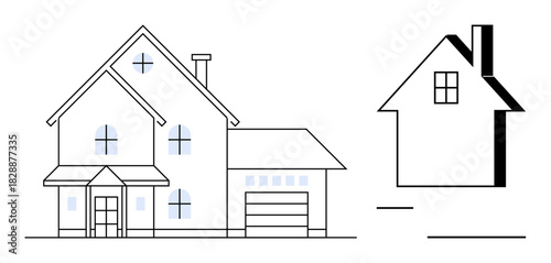Front view of a multi-story house with a garage and chimney alongside its architectural side elevation. Ideal for housing, architecture, construction, engineering, real estate, blueprints, home