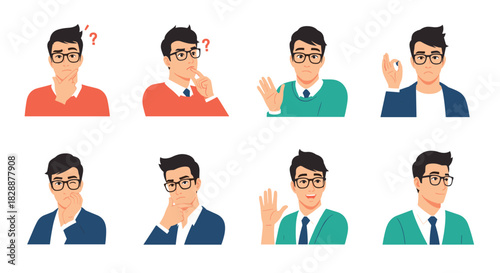 A set of various facial expressions and hand gestures of a young man wearing glasses, illustrating different emotions and actions.