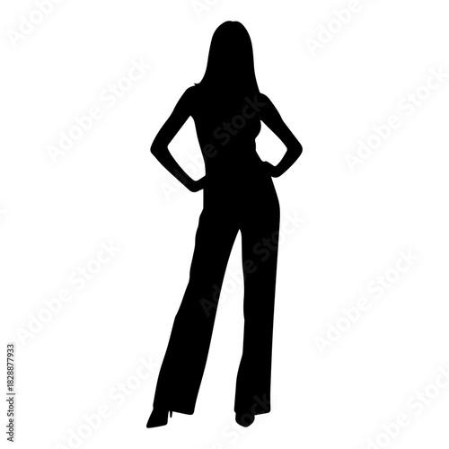 A clean, full-length black silhouette of a female fashion model striking a runway pose with hands on her waist, wearing pants and high heels. Features long hair and a confident stance.