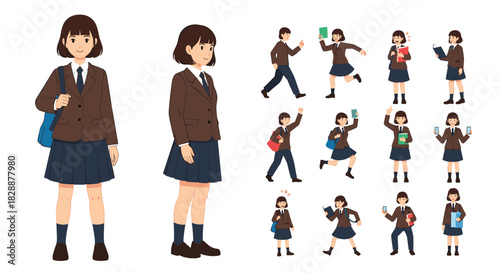 Japanese high school girl in a brown blazer and navy skirt uniform, depicted in a variety of poses and actions suitable for educational or youth-related themes.
