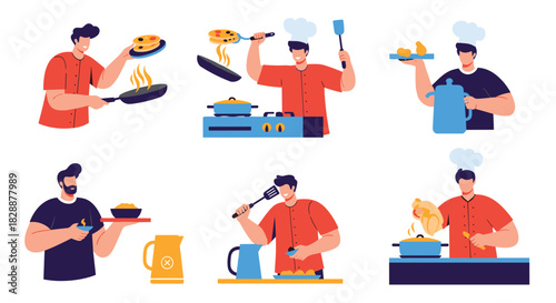 Vector illustrations depicting male characters cooking different meals, preparing food, and serving dishes in various kitchen scenarios.