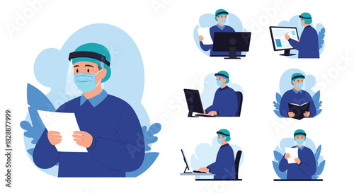 A person wearing a face mask and shield works and studies, using computers and reading, embodying safety and professionalism in the new normal.