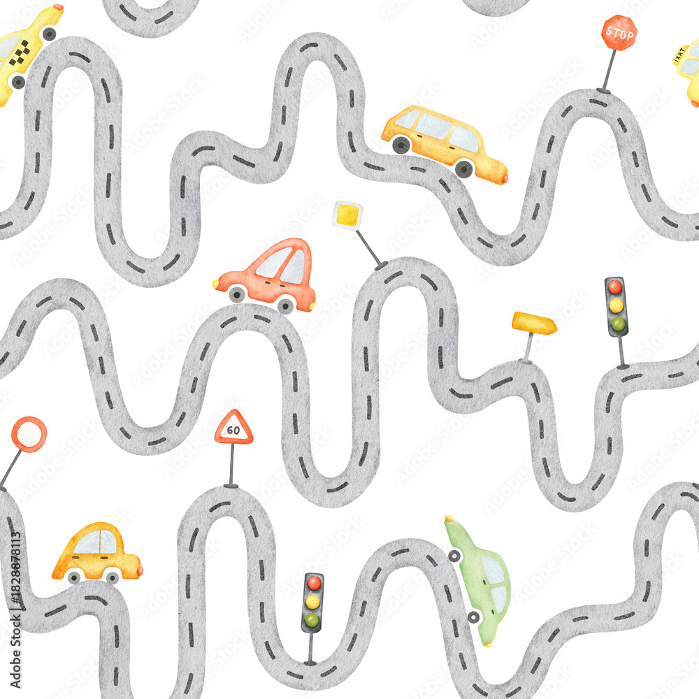 Obraz premium Seamless surface pattern design of colorful cars, signs, traffic light on winding asphalt road. Watercolor hand drawn kids background of city streets. Baby endless print of highway for children goods