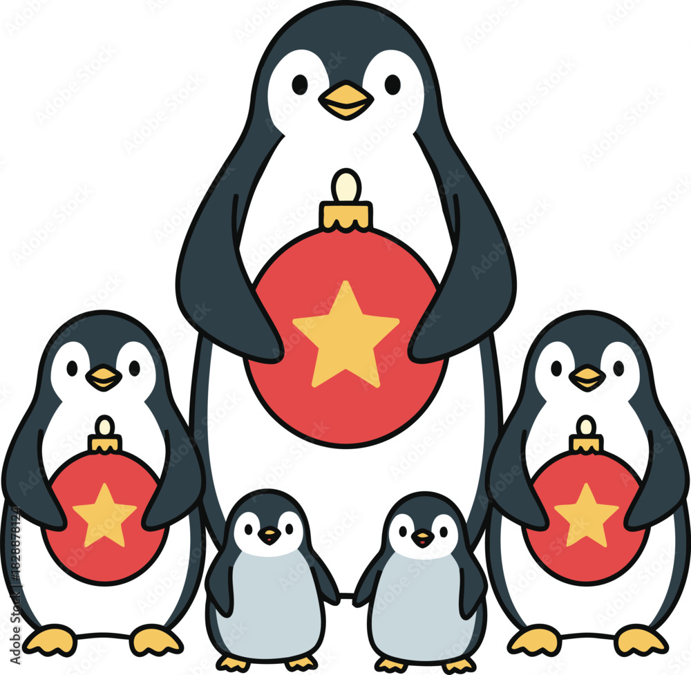 Fototapeta premium Cute cartoon penguins family wearing Santa hats holding Christmas ornaments group illustration