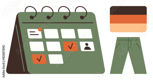 Calendar showing scheduled tasks with checkmarks, timeline gradient, and green pants. Ideal for time management, productivity, organization, fashion, scheduling planning deadlines. A simple flat