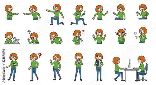 A versatile cartoon woman in a green sweater and glasses is shown performing many actions, expressing various emotions, and engaging in daily tasks.