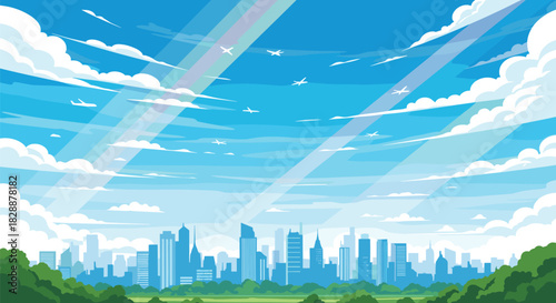 Vibrant pixel art cityscape under a bright blue sky with clouds, sun rays, a rainbow, and airplanes flying over a green park.
