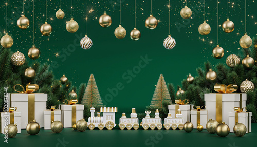 Escena navideña elegante con fondo verde, adornada con bolas doradas y blancas colgantes, lazos dorados, regalos envueltos y un pequeño tren decorativo dorado y blanco que recorre la composición.