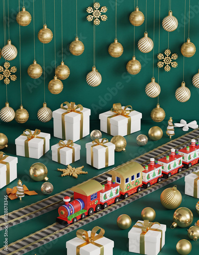 Escena navideña elegante con fondo verde, adornada con bolas doradas y blancas colgantes, lazos dorados, regalos envueltos y un pequeño tren decorativo dorado y blanco que recorre la composición.