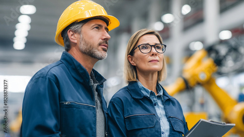 Two professionals in safety gear observe machinery in a modern manufacturing facility. They discuss operations and safety protocols while analyzing equipment efficiency