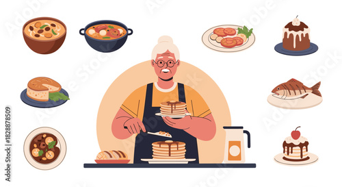 An elderly woman skillfully prepares a delicious stack of pancakes, surrounded by a variety of homemade comfort foods, showcasing her culinary expertise.