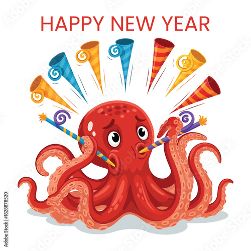 Funny red octopus celebrating new year with party blowers and colorful noisemakers isolated on