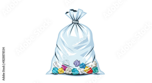 Illustration of a tied clear plastic trash bag filled with colorful and white crumpled paper, symbolizing waste and disposal.
