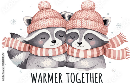 Cute Racoon Couple Illustration - Warm Hugs and Winter Vibes
