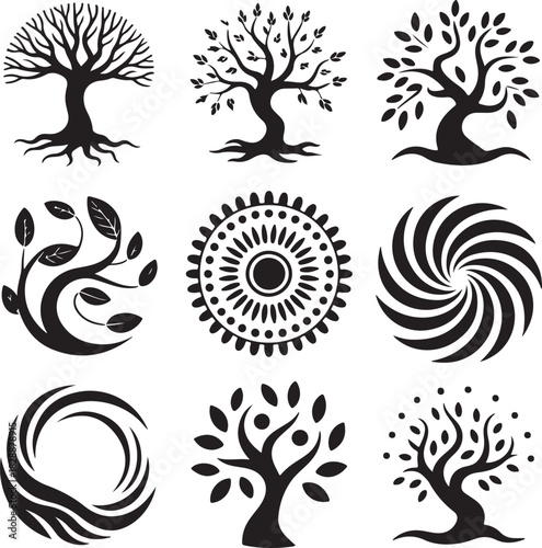 Collection of stylized trees and organic shapes black and white graphic elements