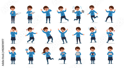 A comprehensive set of cartoon illustrations depicting a young woman in a blue uniform performing various actions and expressing diverse emotions.