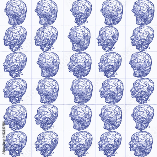 Grid of rotating 3D polygonal human head models for animation.