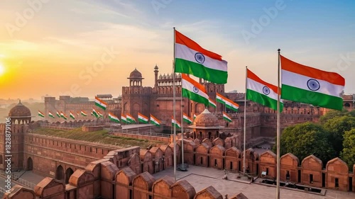 A captivating view of the Red Fort during sunrise, adorned with the Indian flag, creating a