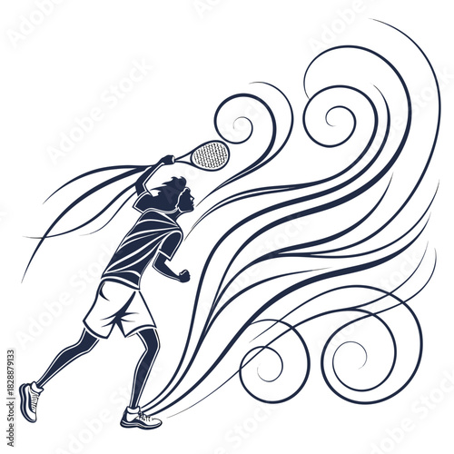 Tennis player silhouette in action swing with abstract wind