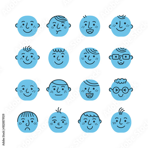Collection of blue cartoon faces with various expressions and hairstyles.