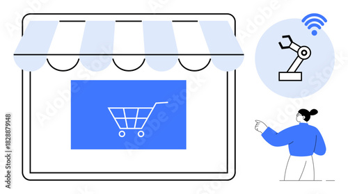 Digital storefront with shopping cart icon, robotic arm symbolizing automation, and a person pointing. Ideal for e-commerce, technology, shopping, automation, retail, innovation and online business