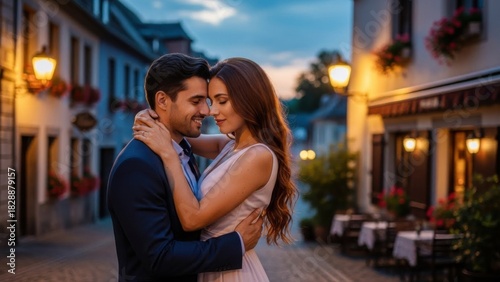 Romantic twilight embrace in a quaint European street showcasing affection and love