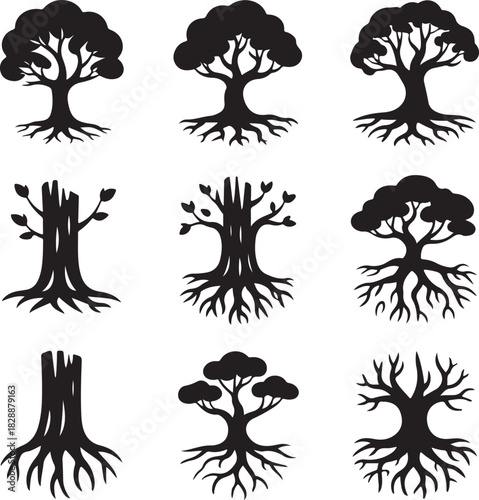 Collection of tree silhouettes showcasing roots trunks and branches in vector format