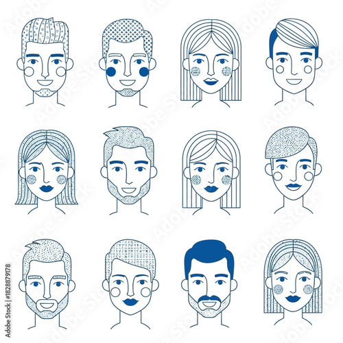 Diverse Collection of Stylized Human Face Icons Representing Various Individuals.