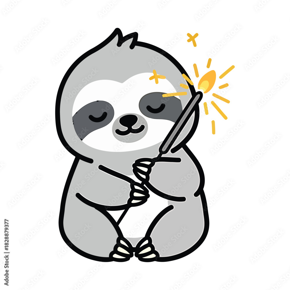 Naklejka premium Cute cartoon sloth holding a magic wand with sparkling light effect, isolated on