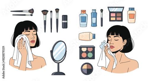 A comprehensive illustration of beauty and skincare essentials, featuring makeup products, brushes, and women performing facial cleansing rituals.
