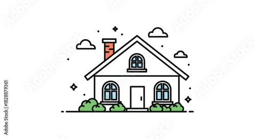 Cheerful minimalist line art illustration of a cozy home with a pointed roof, chimney, windows, and green bushes, set against a bright background.