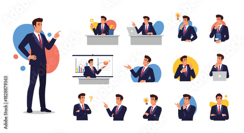 Diverse collection of businessman illustrations showcasing various professional poses, thoughts, and work scenarios.